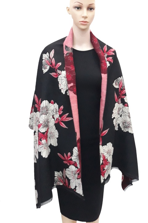 Дамско шалте, с две лица, черно\червено, флорален десен, размер 190х65 см