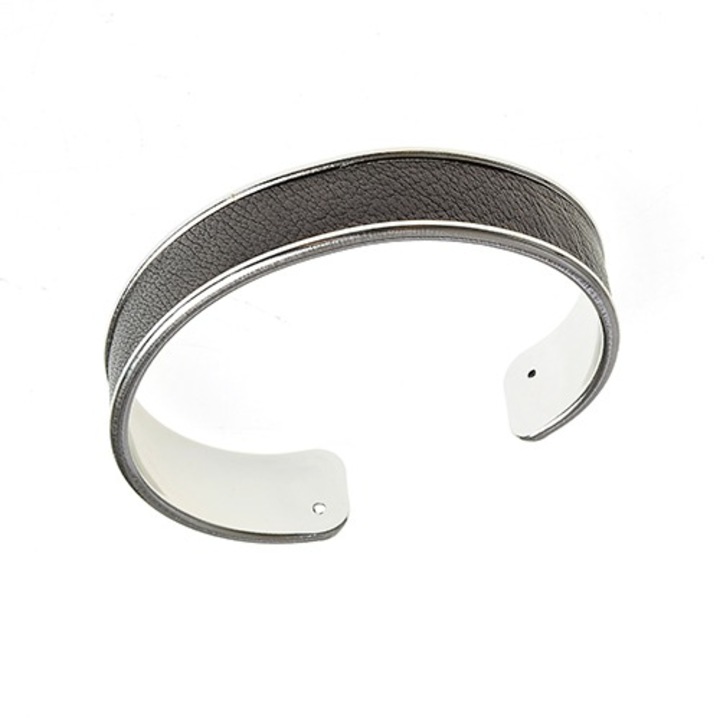 Bratara ajustabila Emporium, placata cu rodiu, piele naturala neagra