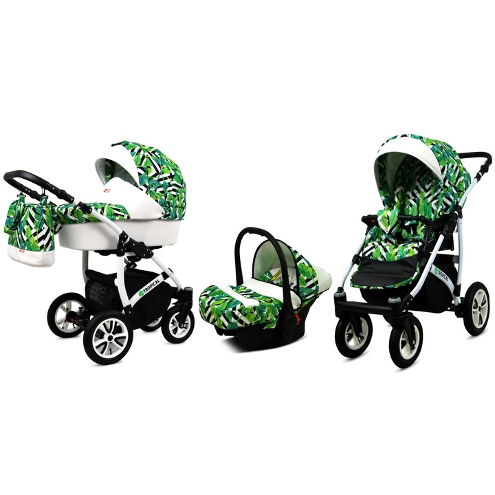 Бебешка количка BabyLUX, TROPICAL, 3в1, Бял/Зелен
