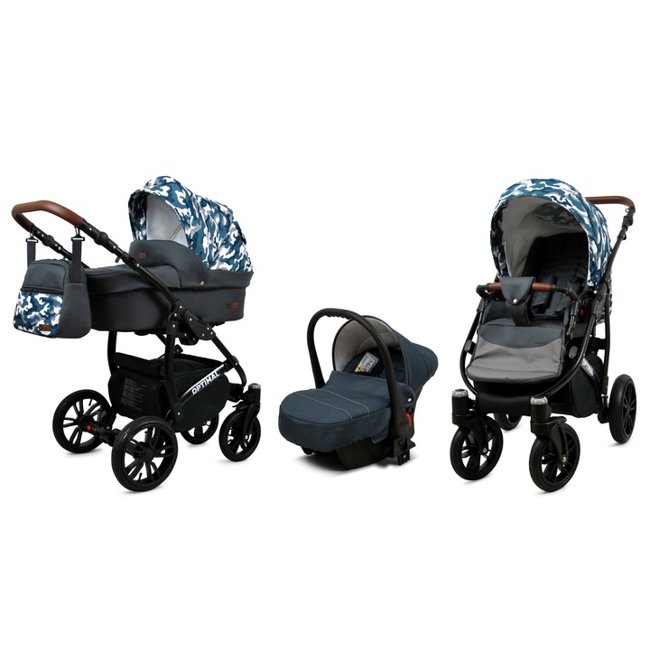 Carucior bebelusi 3in1 BabyLUX OPTIMAL BLACK carucior, carucior adanc, scaun auto, albastru inchis