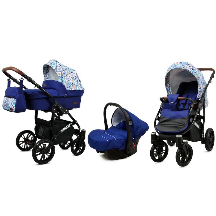 Детска количка 3в1 BabyLUX OPTIMAL BLACK, Столче за кола, Син с щампа
