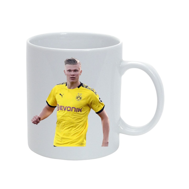 Cana personalizata ceramica alba "Jucator fotbal Halland" , 330 ml