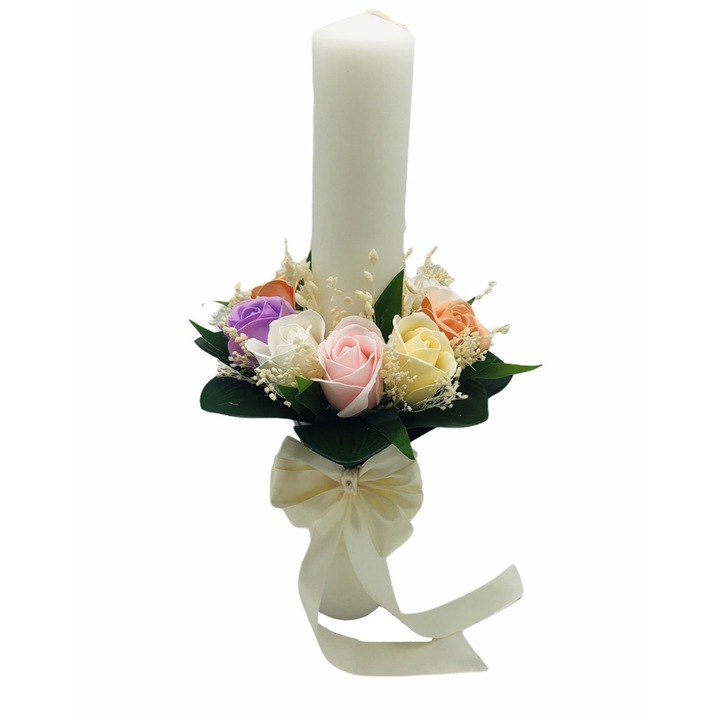 Lumanare pentru Nunta sau Botez, 9 trandafiri sapun, floarea miresei uscata si frunze real touch, Eventissimi, 40 cm, Multicolor