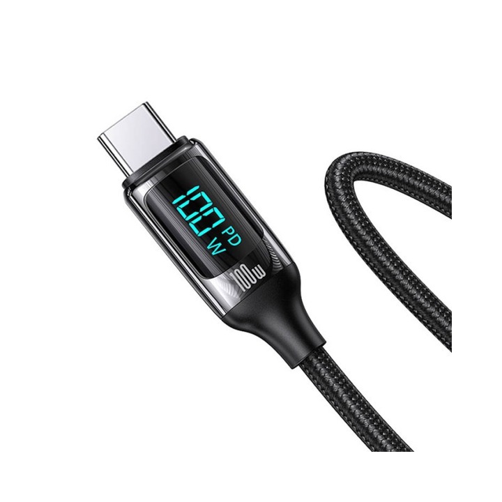 USAMS кабел за данни за зареждане, U78, USB C към USB C, бързо зареждане 100 W. PD, цифров дисплей, дължина 1,2 м, черен, 5450