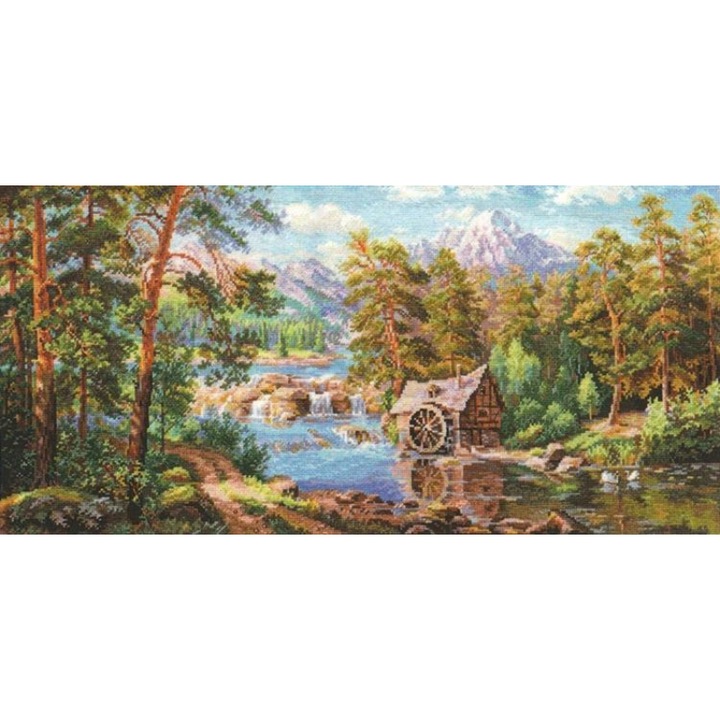 Set goblen, Alisa, Bumbac, 64 de ochiuri/10 cm, Model- Peisaj cu o moara de apa