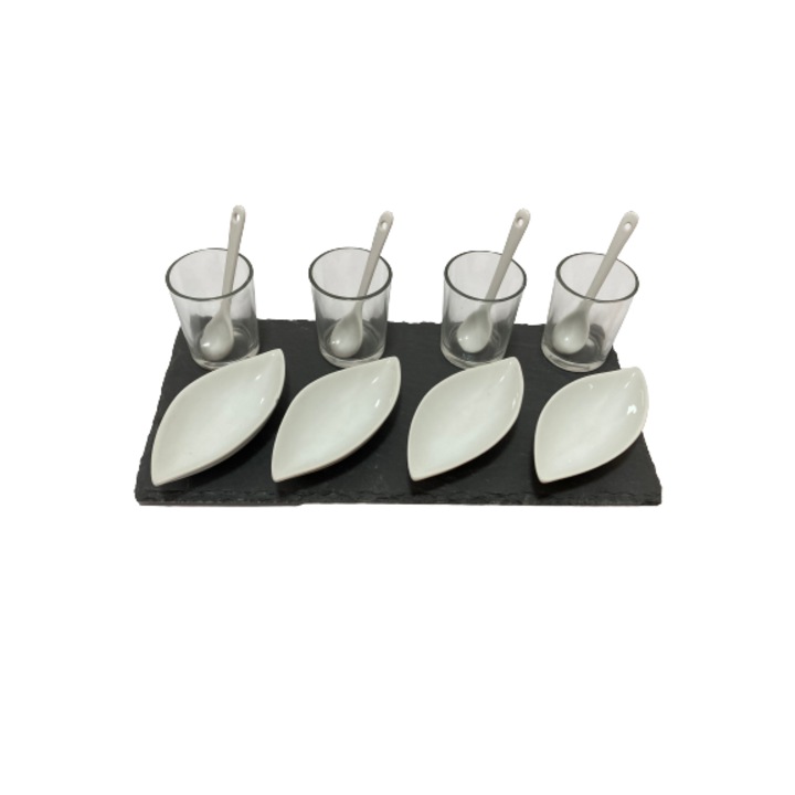 Set servire oval Excellent Houseware, ardezie/portelan, 30x15cm, negru/alb
