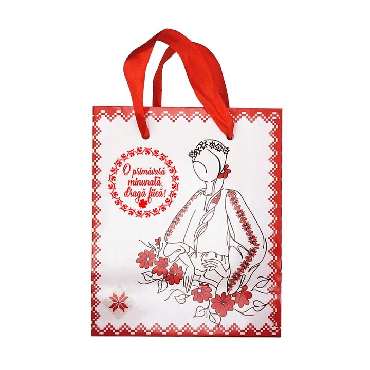 Punguta Cadou Doamna Primavara Urare pentru Fiica, 12x14.5x6cm