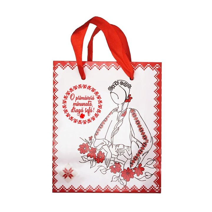 Punguta Cadou Doamna Primavara Urare pentru Sefa, 12x14.5x6cm