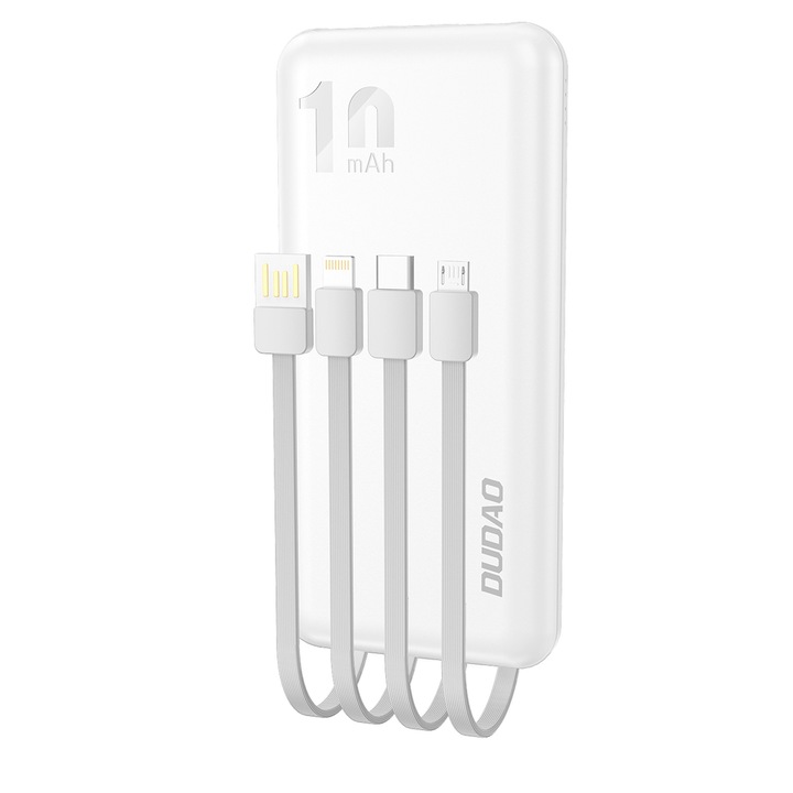 Dudao външна батерия, 10000mAh, 2xUSB, 1xUSB-C, 1xMicroUSB, USB кабел, Lightning, USB-C и MicroUSB включени, бял