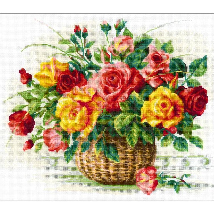 Set goblen Basket with roses, RIOLIS, Bumbac, Multicolor