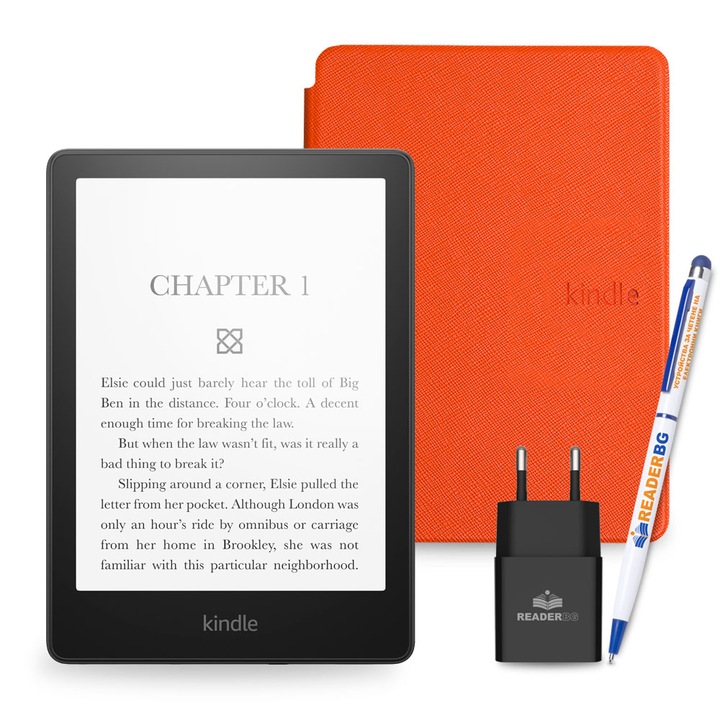 Комплект eBook четец Amazon Kindle Paperwhite 16GB, Черен + Калъф Slim, Оранжев