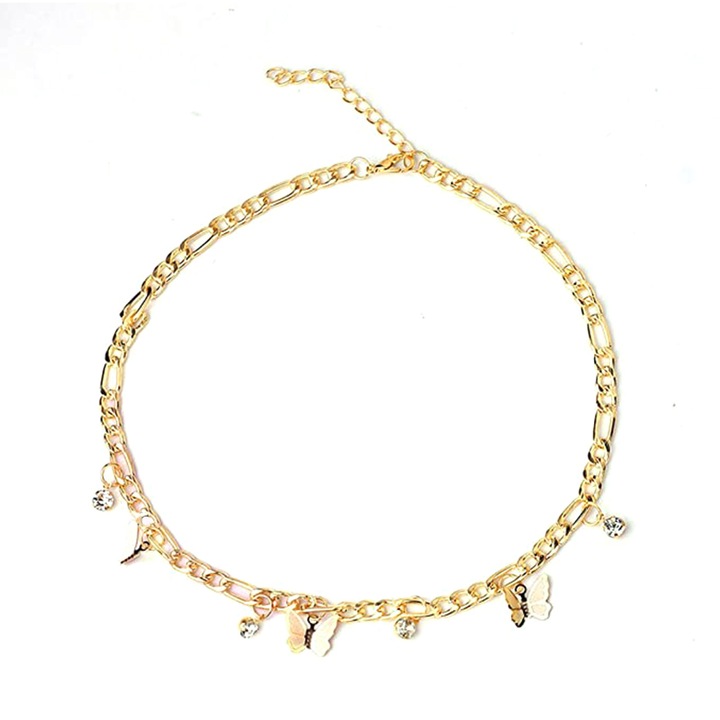 Lant cu pandantive in forma de fluture si strasuri in forma de cristal, auriu, EFAYN