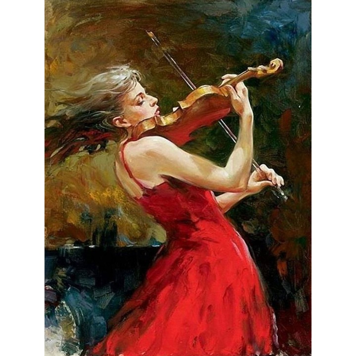 Kit pictura cu diamante 5D, Model fata cantand la vioara, 30x40 cm, Multicolor