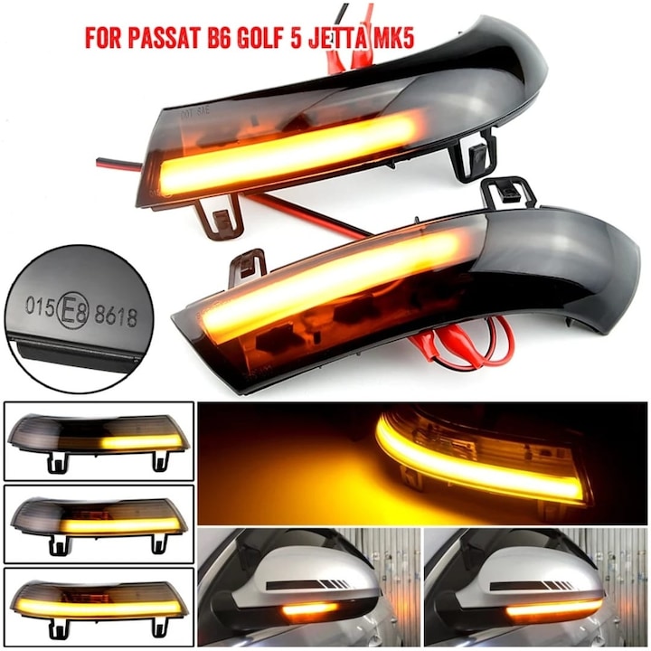 Set 2 Lampi Semnalizare Dinamica Oglinda Laterala, AutoREY® Premium, Compatibile VW Golf 5, Golf 6, Passat B6, EOS, Semnalizare LED Secventiala Pentru Oglinzi, Tehnologie CANBUS Fara Eroare, Rezistente La Apa Si Socuri, Plug & Play, Design Modern