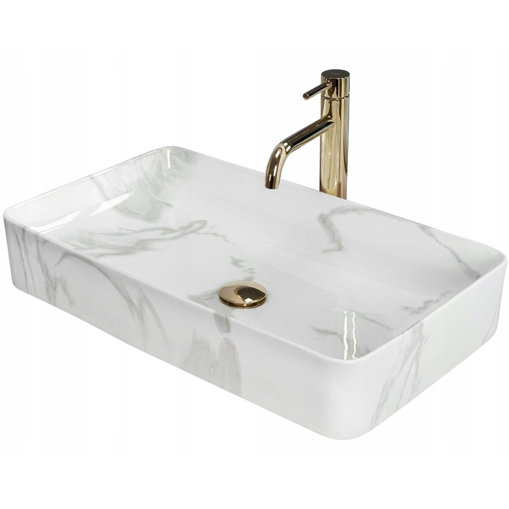 Lavoar, Rea, Denis, 615 x 11 x 35 cm, Ceramica Sanitara, Dreptunghiulara, Monocomanda, Montaj Pe Blat, Design Modern, Usor De Integrat In Decorul Contemporan, Lucios, Alb Imaculat si Motiv Marmorat