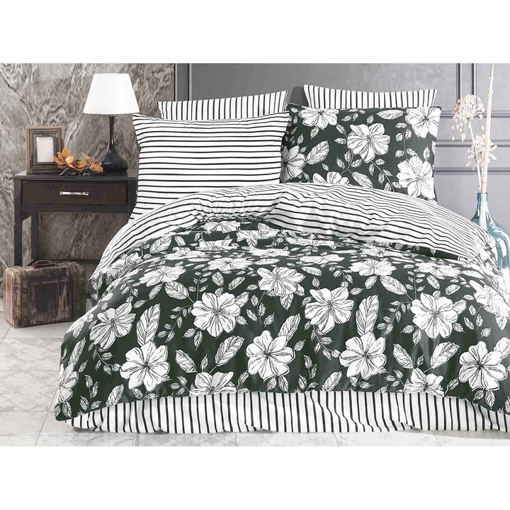 Set lenjerie de pat Hakki, Darymex, Bumbac satinat, Husa pilota 160 x 200 cverde0 cm, Verde/Alb