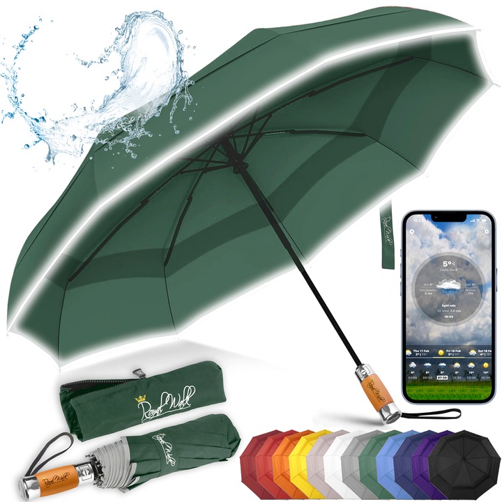 Чадър за дъжд Royal Walk, Автоматичен Отваряне и Затваряне, Сгъваем, Дамски, Мъжки, 103 см, Луксозен, Ветроустойчив, Вентилиран, Дървена дръжка, Светлоотразителна лента, Тъмнозелен