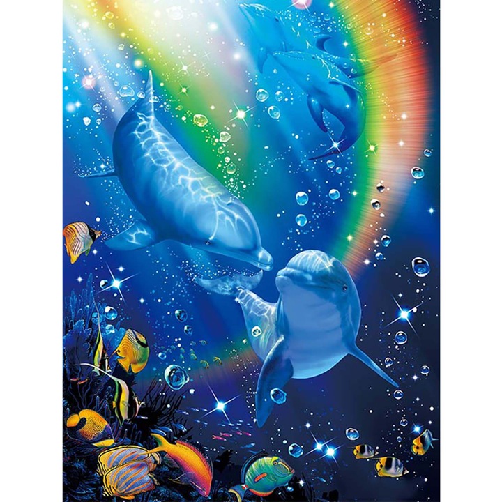 Kit broderie cu diamante 5D, Model - Lumea subacvatica/Delfini, 30x40 cm, Multicolor