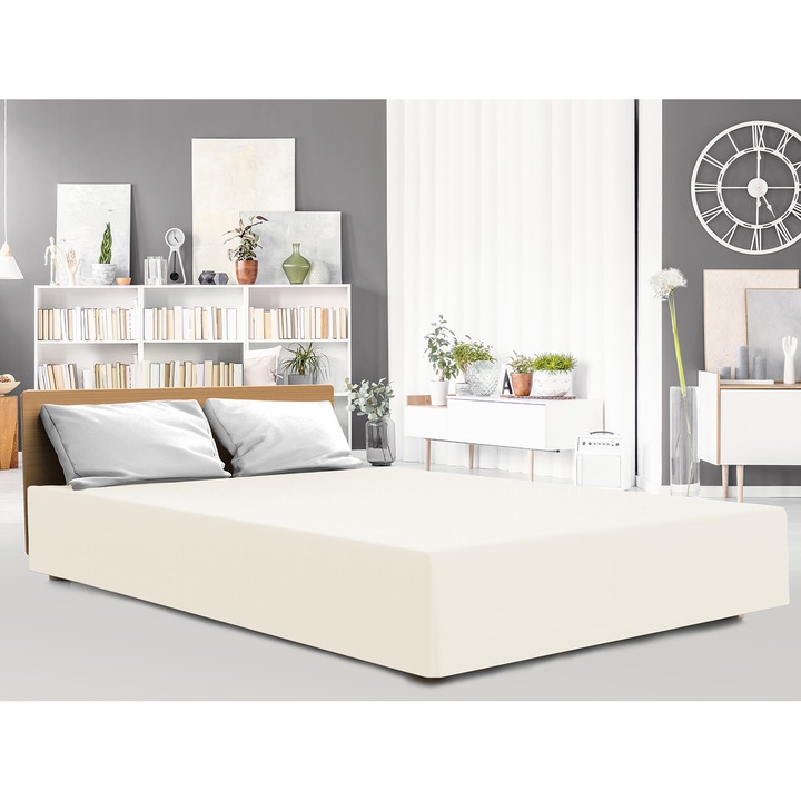 Cearceaf de pat cu elastic, Jerseu, 90x200x30 cm, Ecru