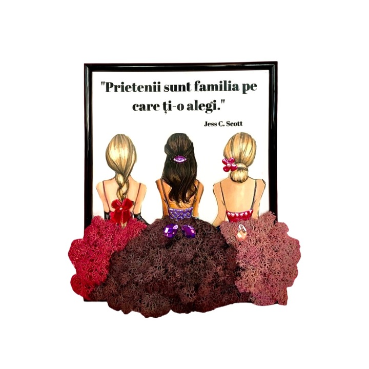 Tablou cu licheni stabilizati, dimensiune 20x25cm, rama neagra, model 3 prietene, mesaj de prietenie, combinatie de culori: roz-mov