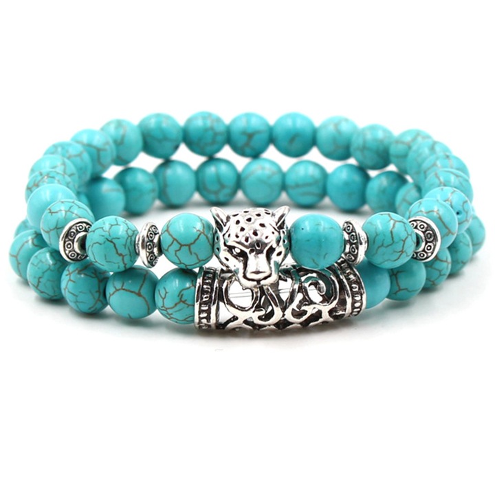 Bratara din roca semipretioasa, pandantiv leopard, creata manual, turcoaz, unisex, EFAYN