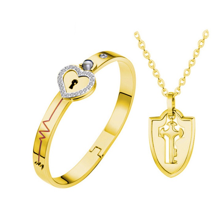 Комплект гривна сърце и верижка с ключ EFAYN, С прожекция Обичам те на 100 езика, Злато