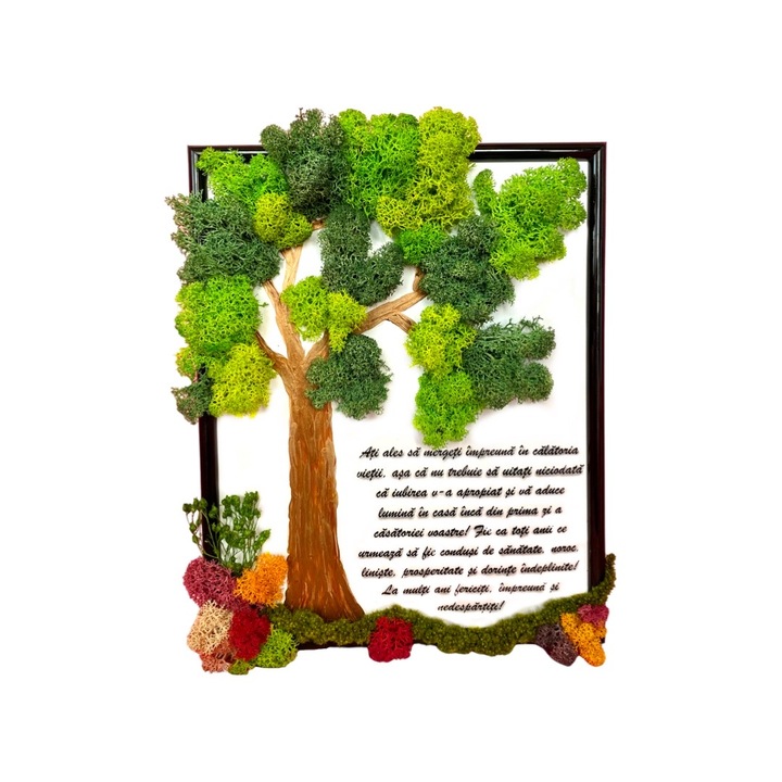 Tablou cu licheni stabilizati, dimensiune 20x25cm, rama neagra, model copac, mesaj casnicie