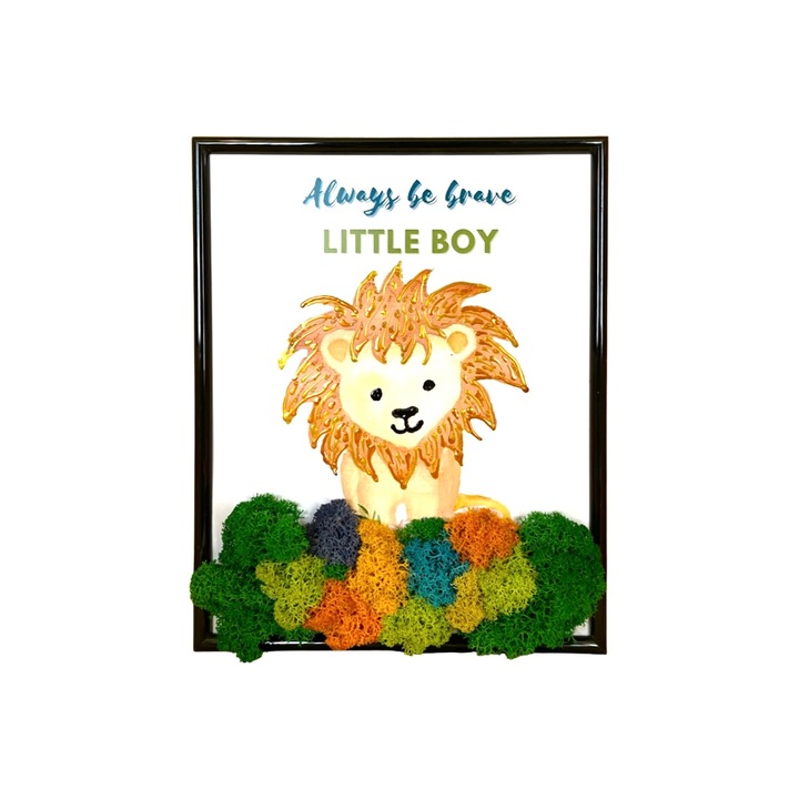 Tablou cu licheni stabilizati, dimensiune 20x25 cm, rama neagra, model cu leu in natura, cu mesaj motivational