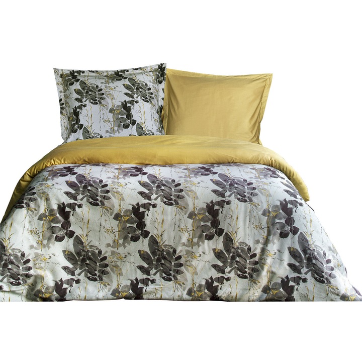Pamut szatén ágynemű Olivia 160x200 fehér mustár szürke levelek Premium