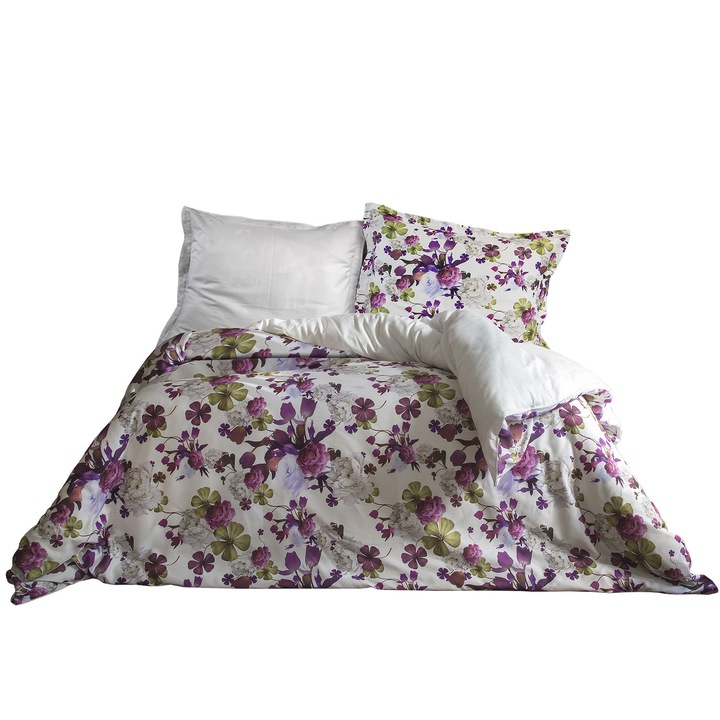 Спално бельо Darymex, Памук/Сатен, KALINA 200x220 бяло, виолетово, зелено, цветя, PREMIUM