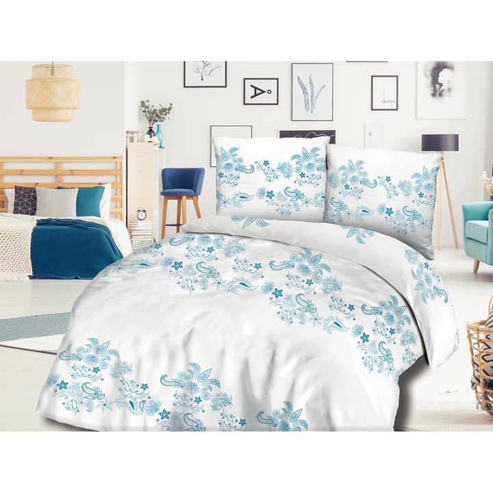 Darymex Ágyneműgarnitúra, paplanhuzat, 2 db párnahuzat, pamut, 160x200 cm, fehér/kék