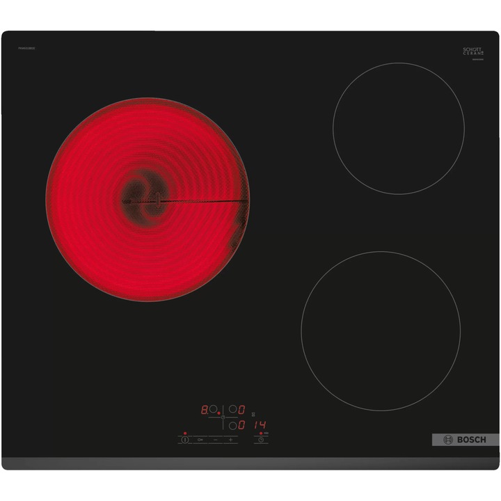 Плот за вграждане Bosch PKM631BB2E, Витрокерамика, 3 зони за готвене, TouchSelect, ReStart, Таймер, HighSpeed, 60 см, Черен