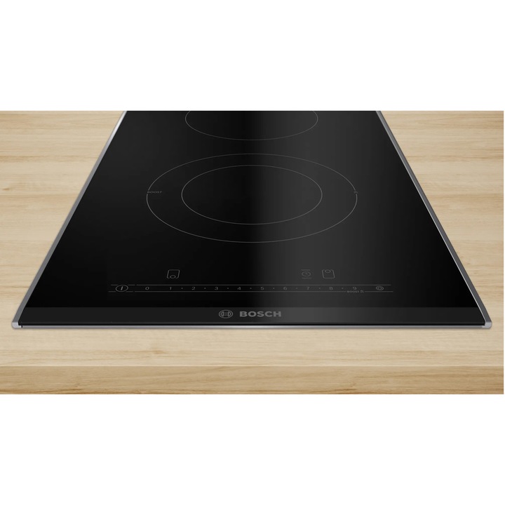 Plita incorporabila Bosch PKF375FP2E, Vitroceramica, 2 zone de gatit, HighSpeed, 30 cm, Negru