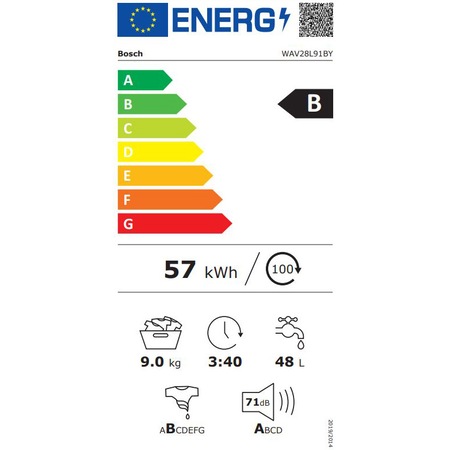 Пералня Bosch WAV28L91BY, 9 кг, 1400 RPM, Клас B, ActiveOxygen, EcoSilence Drive, SpeedPerfect, 4D Wash, Бял