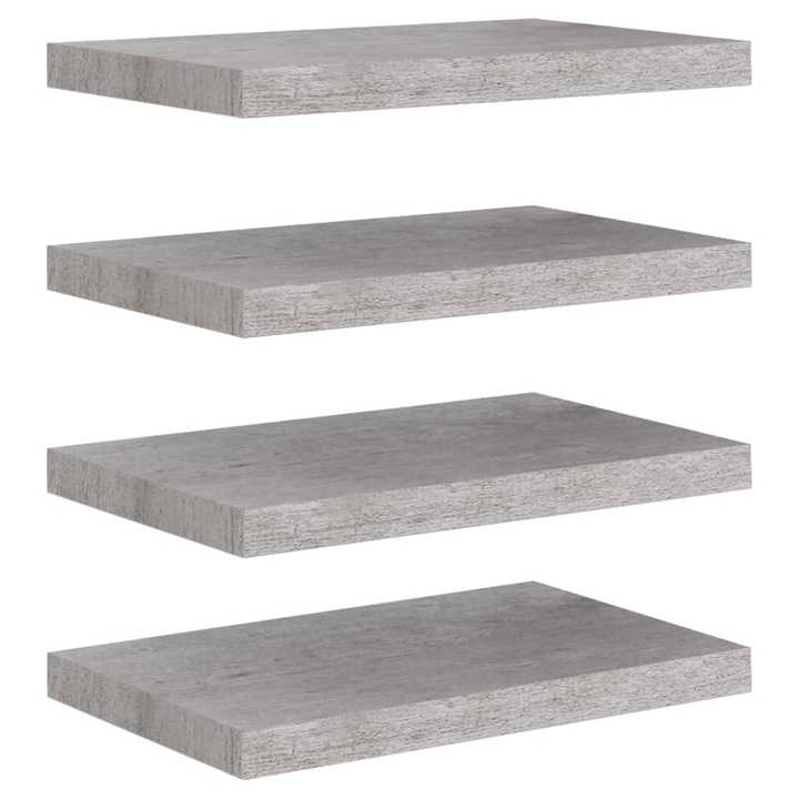 Set rafturi perete suspendate vidaXL, 4 buc., gri beton, 50x23x3,8 cm, MDF 0.58 kg
