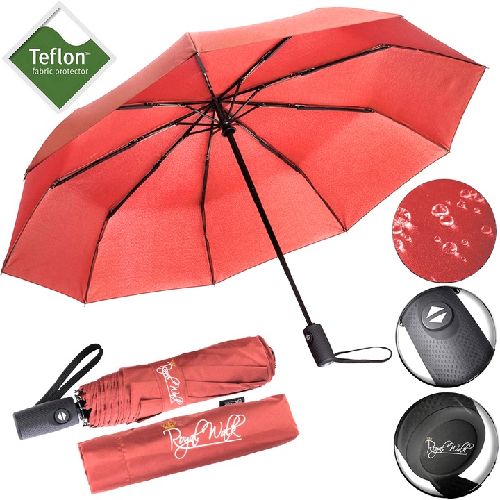 Royal Walk Luxus Női Összecsukható Esernyő, automatikus nyitással és zárással, nőknek és férfiaknak, Szélálló, Vízhatlan, 102 cm, Piros