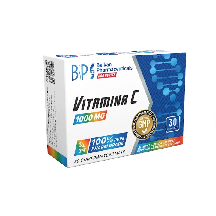 Vitamina C bine stabilizata 1000 mg, Balkan Pharmaceuticals®, Suport pentru energie si imunitate, Creste absorbtia fierului, Ajuta la mentinerea sanatatii psihice, Rezistenta la oxidare, 30 comprimate, 1 capsula/zi