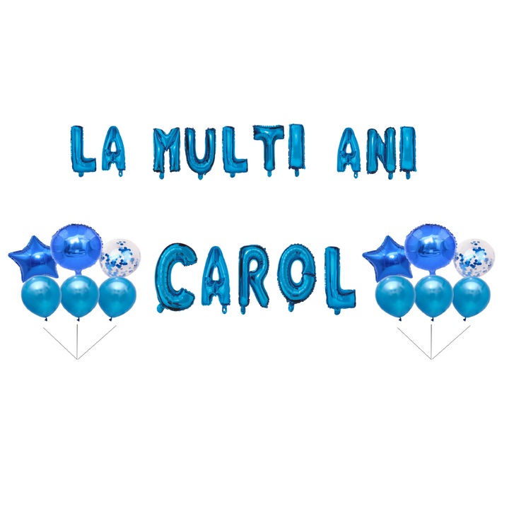 Комплект балони Happy Birthday Carol, топер за торта, син, 35 бр
