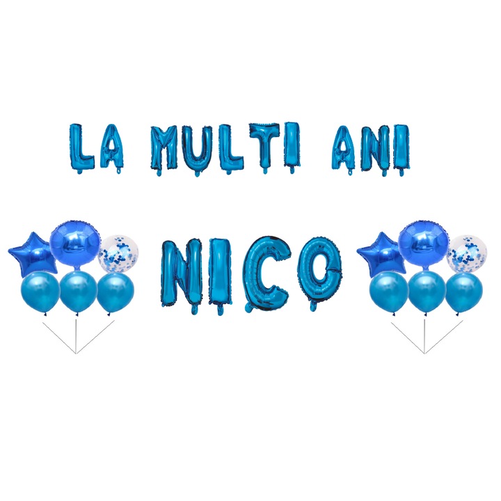 Комплект балони Happy Birthday Nico, топер за торта, син, 35 бр
