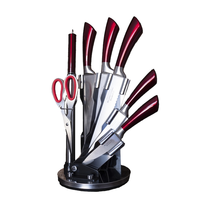 Set cutite bucatarie Bavaria din inox, 7 bucati si suport, Rosu