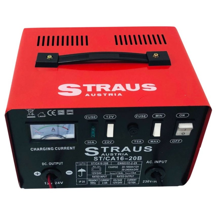 Straus akkumulátor töltő 260/480W 1A-30A Akkumulátortöltő 12v-24v Gyorstöltés Funkcióval ST/CA16-20B zselés, ólom akkumulátor, gondozásmentes akkuk töltése. 20Ah-240Ah