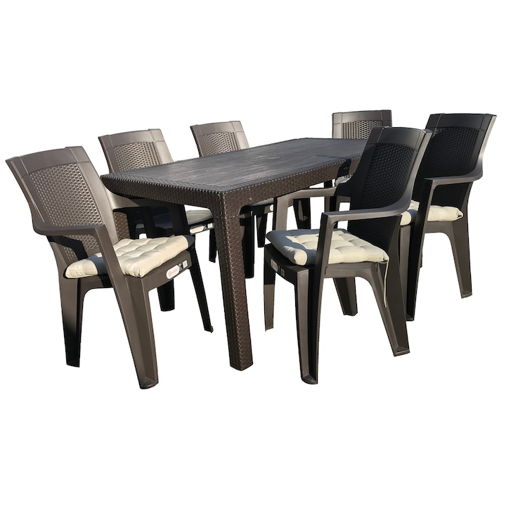 Set mobilier gradina GARDELA , masa CLASSI RATAN 150x90xh75cm cu 6 scaune ELEGANCE RATAN si perne, culoare cafea