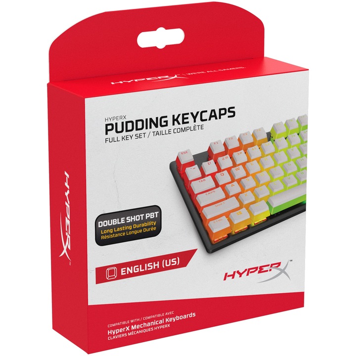 Kit taste gaming HyperX Pudding Keycaps, set complet 104 taste PBT translucide pentru iluminare RGB imbunatatita, layout US, compatibil cu tastaturi mecanice HyperX, alb