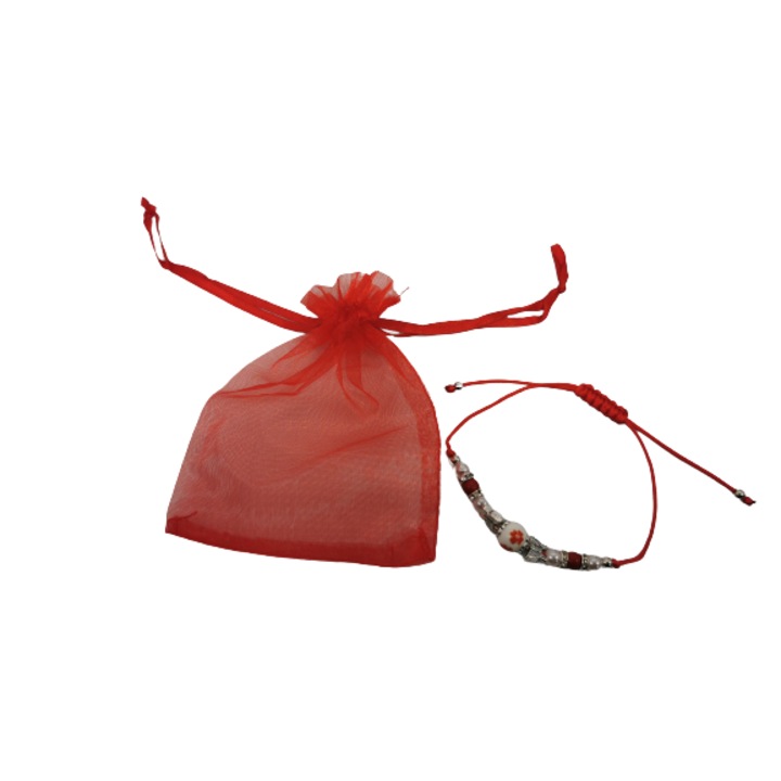 Set Bratara de Martisor cu pietre si simboluri de primavara si Saculet Organza rosu, Vision®