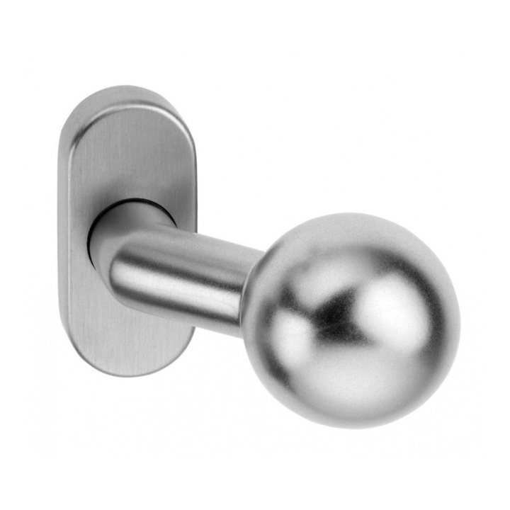 Maner tragator cu buton fix pentru porti metalice, blaugelb, cu rozeta, material inox