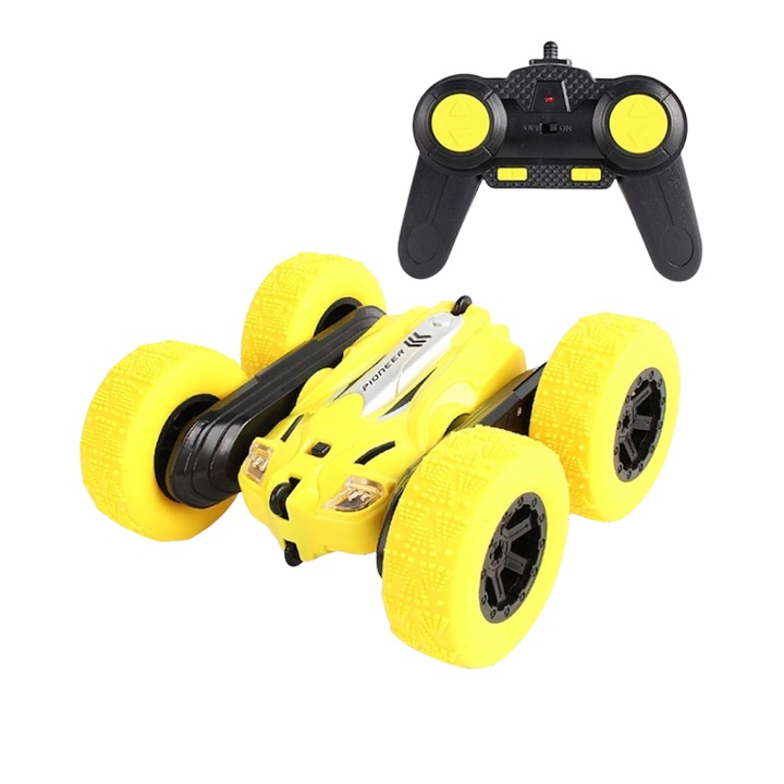 Masinuta Stunt Racing 4WD Alhena®, LH-C014S, Scara 1:24, Telecomanda 2.4GHz, Rotire 360°, Lumina LED, Acumulator 3.7V 500mAh Inclus, Design Rezistent, Ideala Pentru Cascade si Drifturi, Culoare Galben