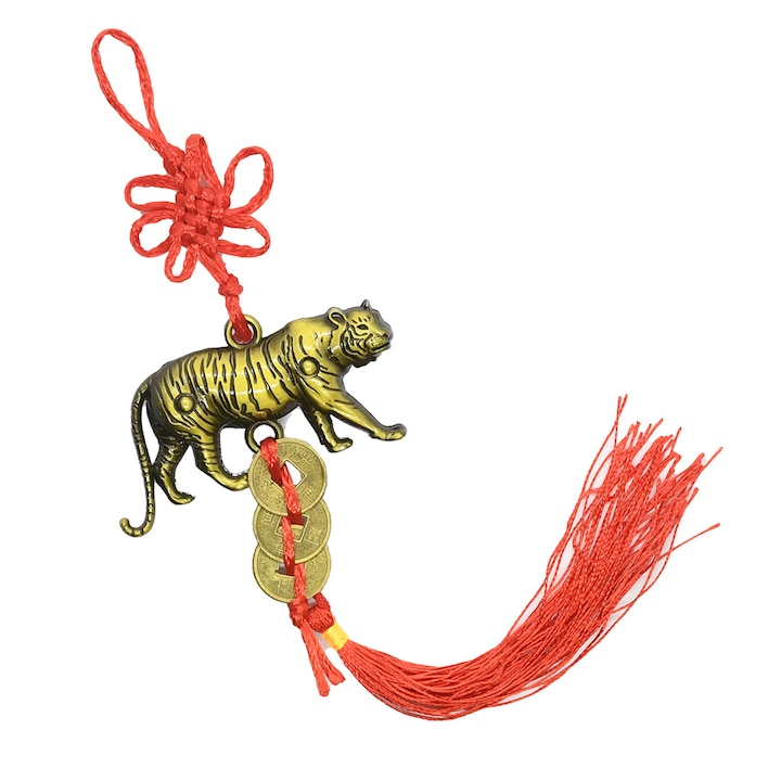 Amuleta cu tigru si monede chinezesti, remediu Feng Shui din Metal 110 mm lungime