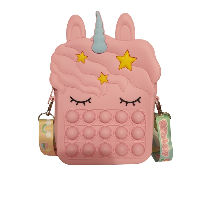 Jucarie Interactiva Antistres Tip Gentuta de Umar Pop IT NOW din Silicon, Cu Fermoar si Curea, Unicorn Patrat XXL, 16x22.5x5.5 cm, Roz, + 3 Ani