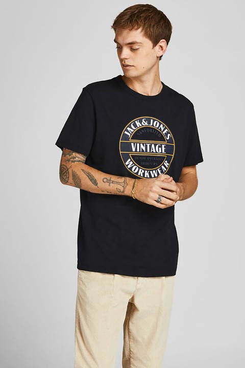 Jack & Jones, Tricou regular fit cu imprimeu logo, Negru, L