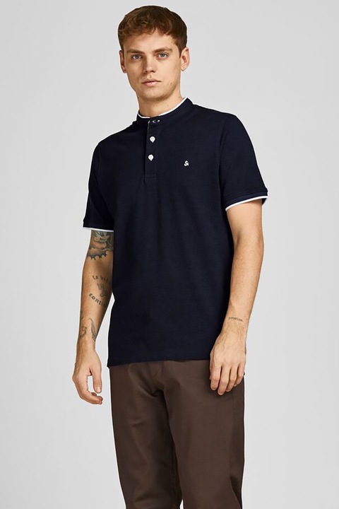 Jack & Jones, Tricou din bumbac organic cu fenta cu nasturi Paulos, Bleumarin